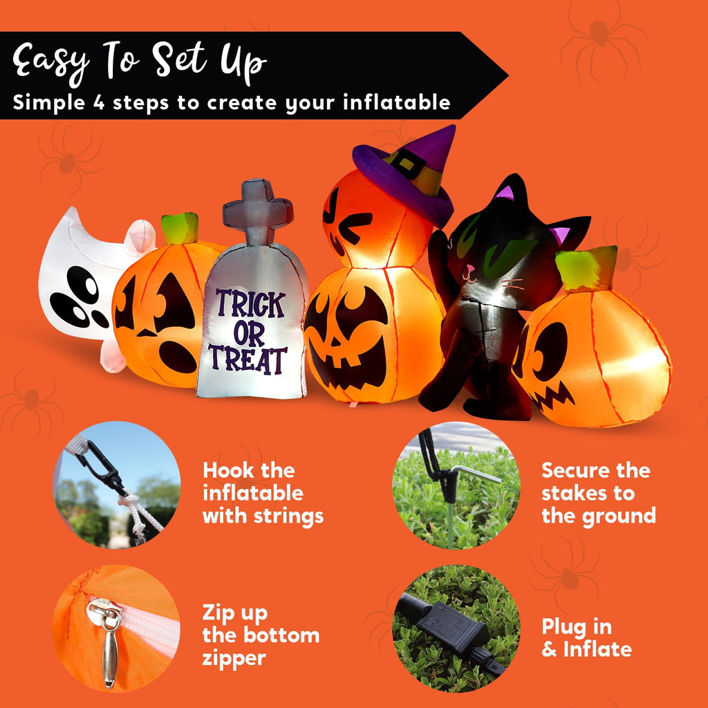 Joyfy 7 ft Halloween Inflatable Long Pumpkin with Witch's Cat Decorations Inflatables with Build-in LEDs,Halloween Decor Outdoor Blow Up Yard Decorations