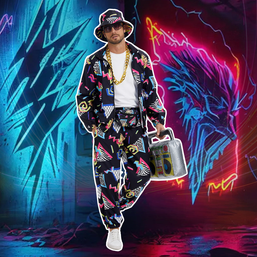 GYQMBT 80s 90s Men's Sportswear, Party Hip Hop Windbreaker 90s Disco Sportswear, 80s Adult Bizarre Costume 8 Piece Set, Black, M
