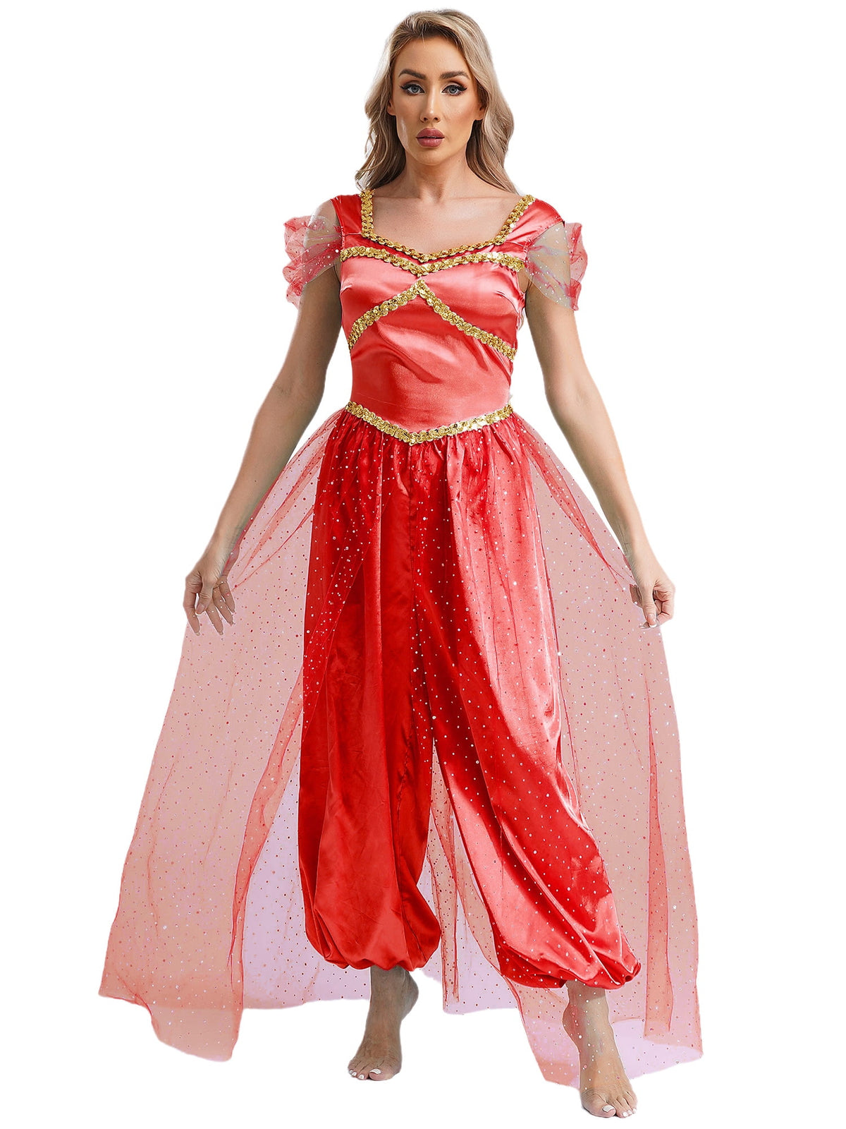 Aislor Women Halloween Arabian Princess Cosplay Costume Sequins Belly Dance Romper Jumpsuit Fancy Dress Lake Blue L