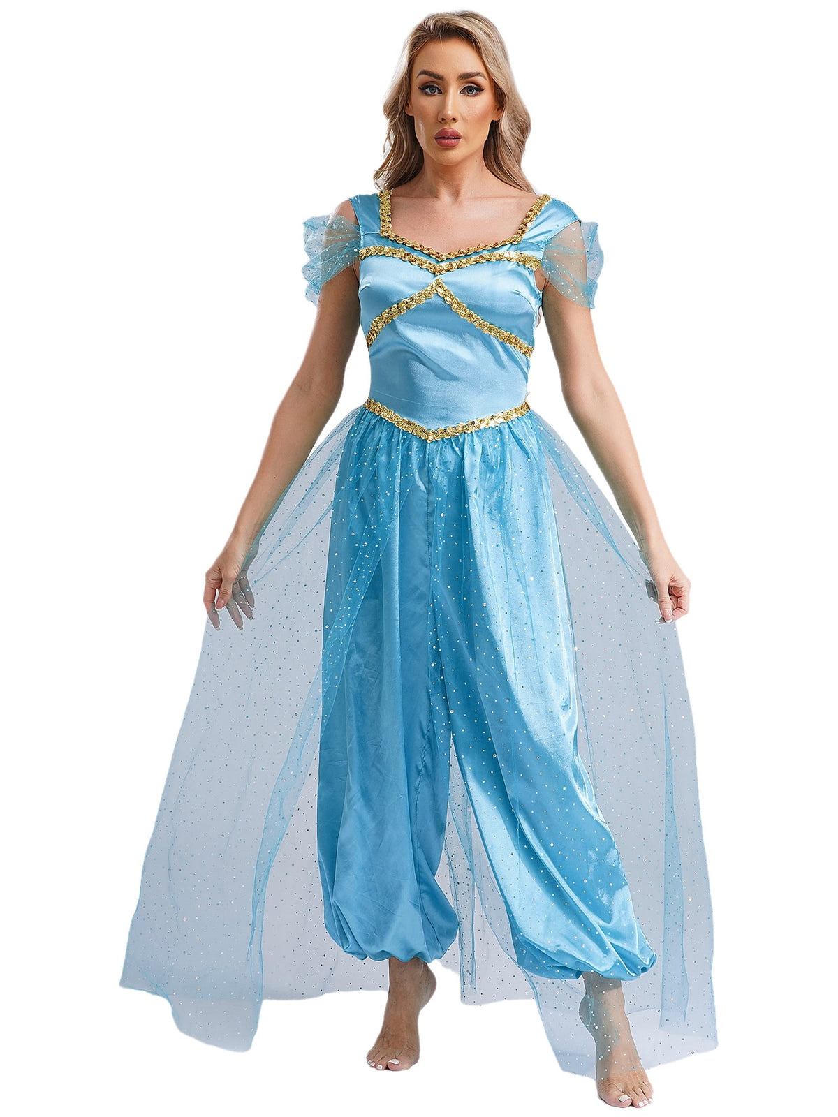 Aislor Women Halloween Arabian Princess Cosplay Costume Sequins Belly Dance Romper Jumpsuit Fancy Dress Lake Blue L