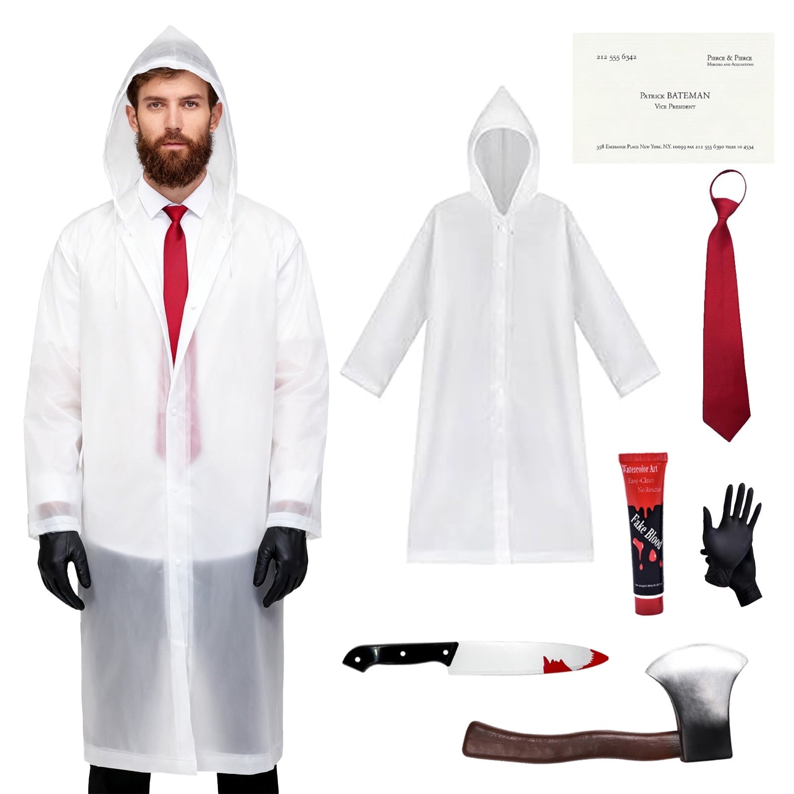 Alaiyaky 7pcs Adults Psycho Costume Transparent Raincoat, Red Tie, Adult Men Cosplay Props Mens Psycho American TV Film Character Halloween Fancy Dress Costume