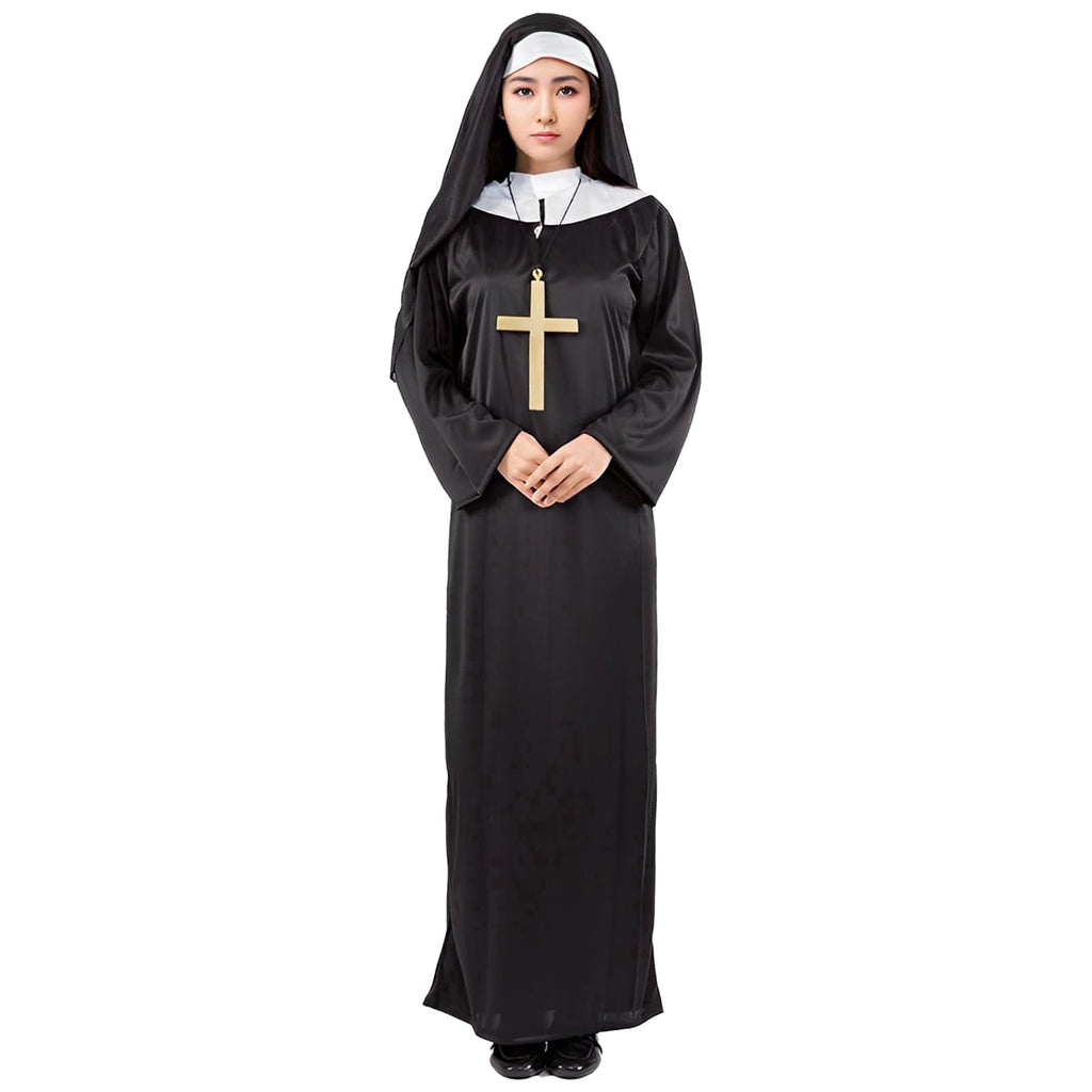 Alaiyaky Nun Costume for Women, Nun Outfit Women, Halloween Costume with Hood and Necklace for Halloween, Carnival, Cosplay