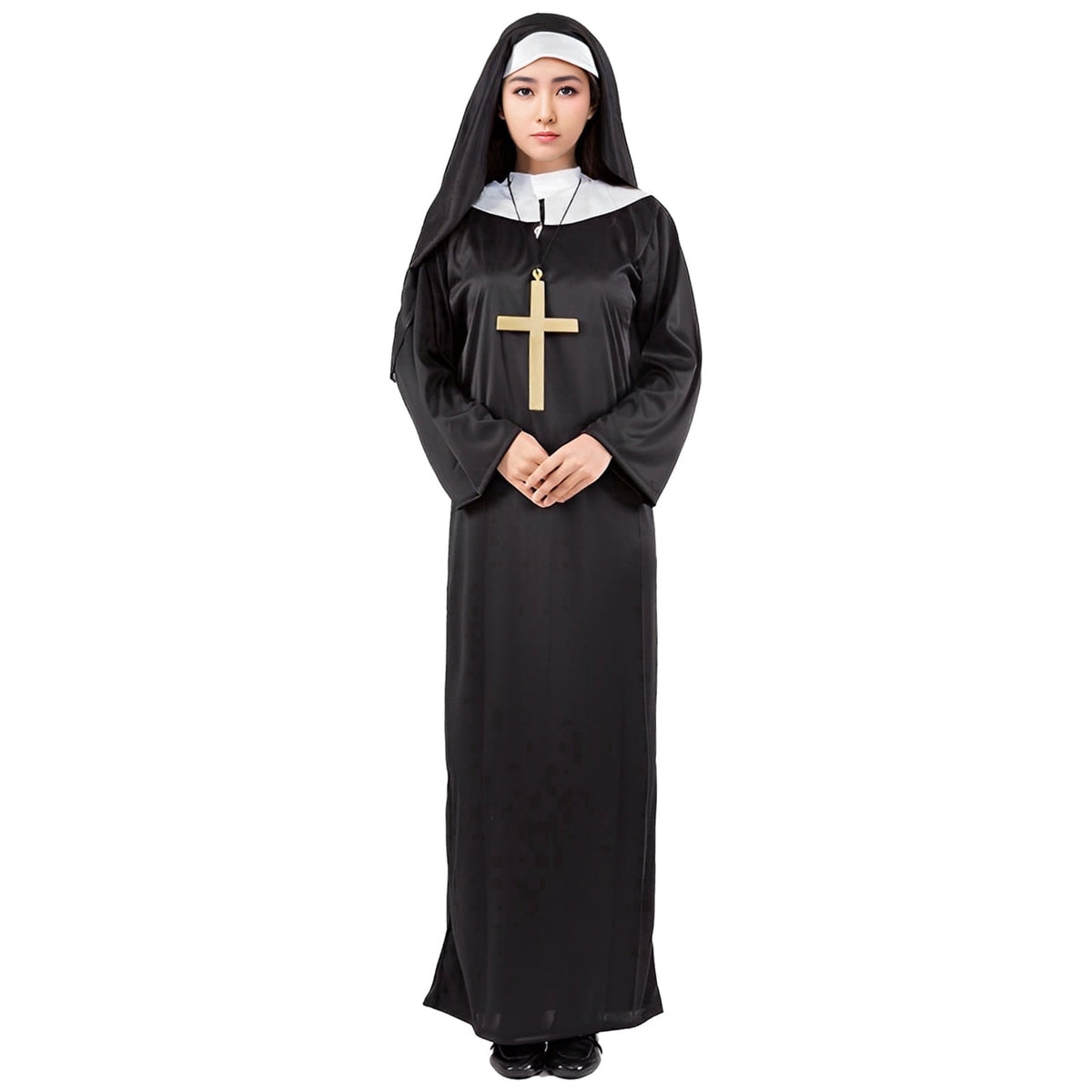 Alaiyaky Nun Costume for Women, Nun Outfit Women, Halloween Costume with Hood and Necklace for Halloween, Carnival, Cosplay