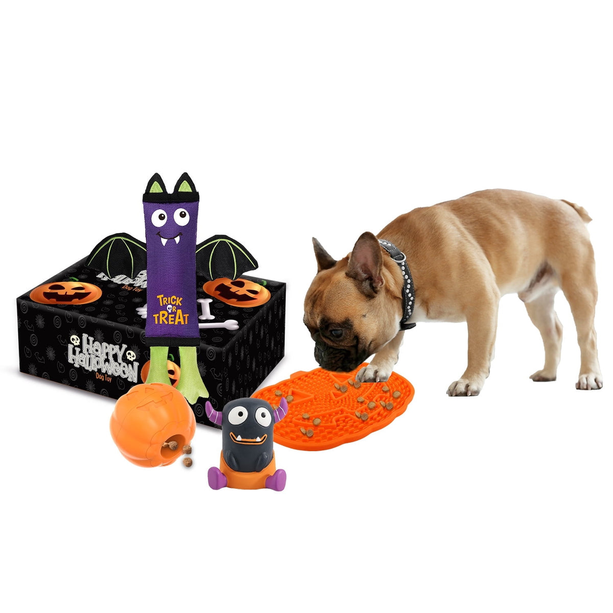 All For Paws Halloween 4-Pack Dog Toy Set - Gift Box Includes Dog Lick Mat, Puppy Squeaky Firehose Toy, Latex Dog Chew Toy & Dog Treat Dispenser