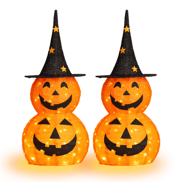 Alvantor 2-Pack 3 ft Lighted Pop-Up Pumpkin Halloween Decorations with Witch Hats and 150 LEDs Total, Orange and Black