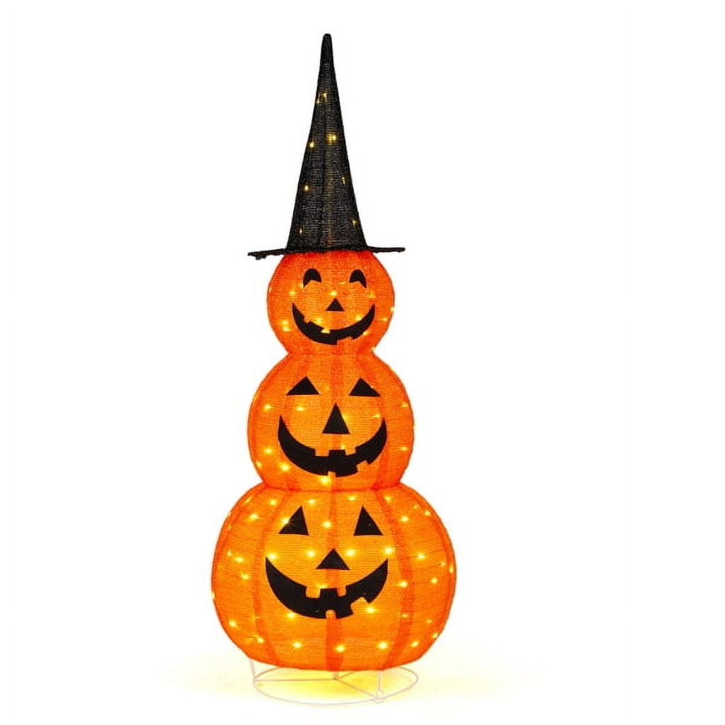 Alvantor 5 ft Lighted 3-Tier Pop-Up Pumpkin Halloween Decoration with Witch Hat and 100 LED Lights, Orange and Black