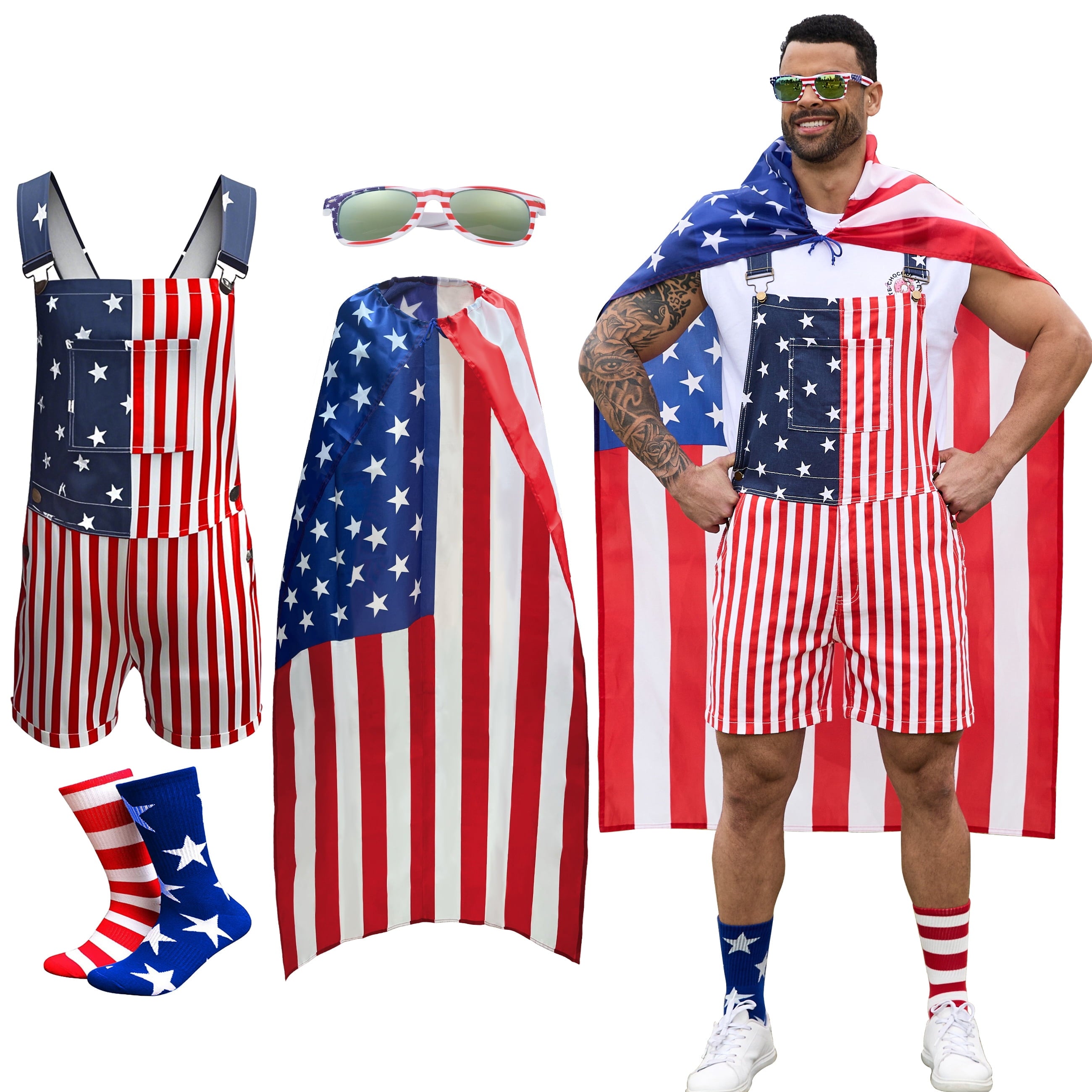 250th Anniversary American Flag Overalls Men,4th of July Cape,USA Sunglasses,Patriotic Socks,4 Pcs for Independence Labor Day(Red White and Blue,L)