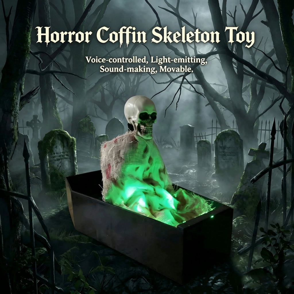 Animated Halloween Skeleton Coffin Decoration, Voice Activated Po*p Up Skeleton with Green LED Lights and Spooky Sounds, Horror Tabletop Prop for Halloween Party Home Decor Haunted House Display