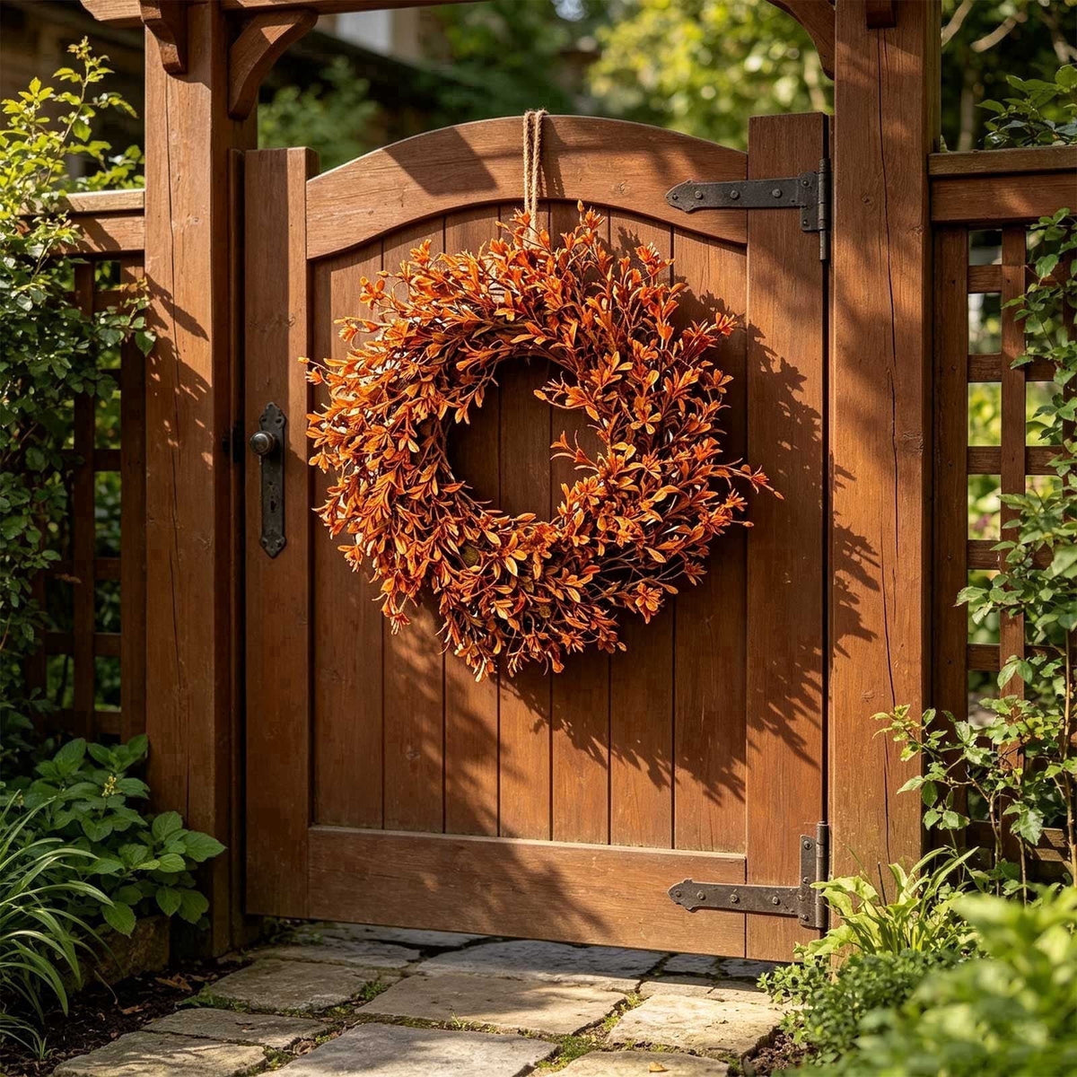 OKKVV Artificial Orange Fall Leaf Front Door Wreath, Rustic Autumn Foliage Twig Wreath, Harvest Thanksgiving Halloween Farm Window Wall Hanging Decor