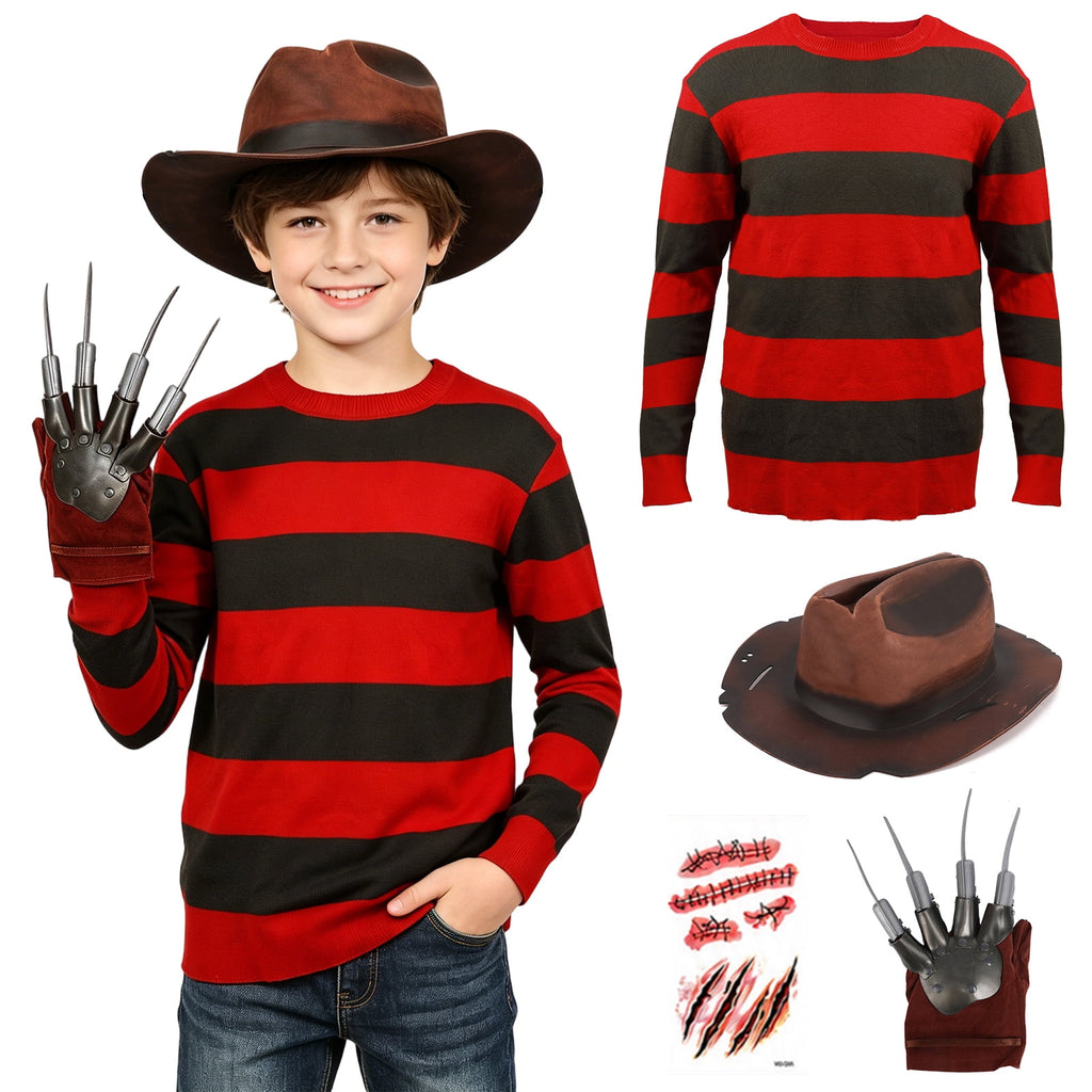 BUXULYP Halloween Killer Costume Kids Red Striped Sweater Hat Glove Claws Cosplay Outfits for Boys Girls Toddler Youth