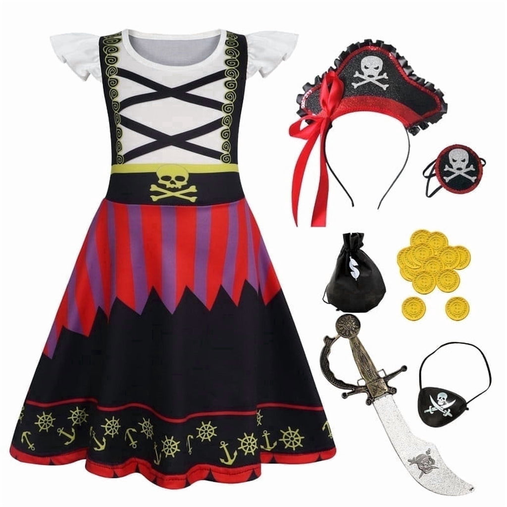 Benylion Girls Pirate Costume for Kids Halloween Party Dress Up Toddler Pirate Christmas Cosplay Outfit with Accessories for 5-6 Years