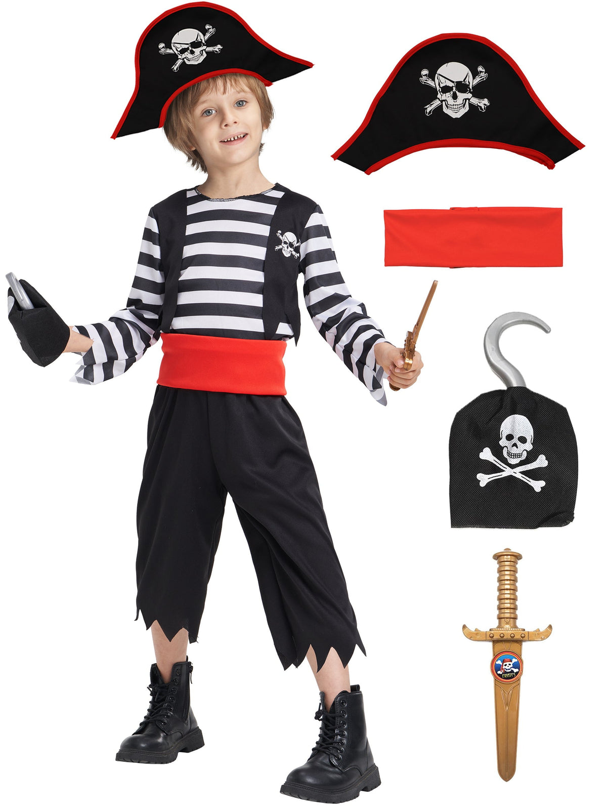 Boys Pirate Costume, Sea Buccaneer Top Shorts Belt Accessories Set for Kids Halloween 4-6 Years