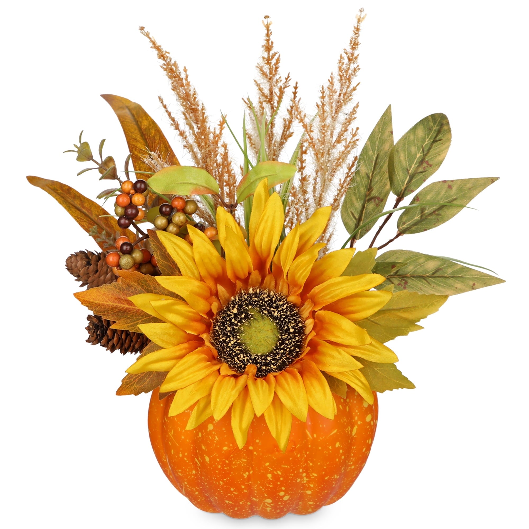 Briful 12.9"Artificial Pumpkin Floral Arrangement with Orange Sunflowers Leaves Fall Table Centerpiece for Harvest Autumn Décor