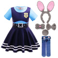Bunny Officer Dress for 3-9 Years Halloween Short Sleeve A-Line Role Play Outfits with Headband Bow Tail Socks
