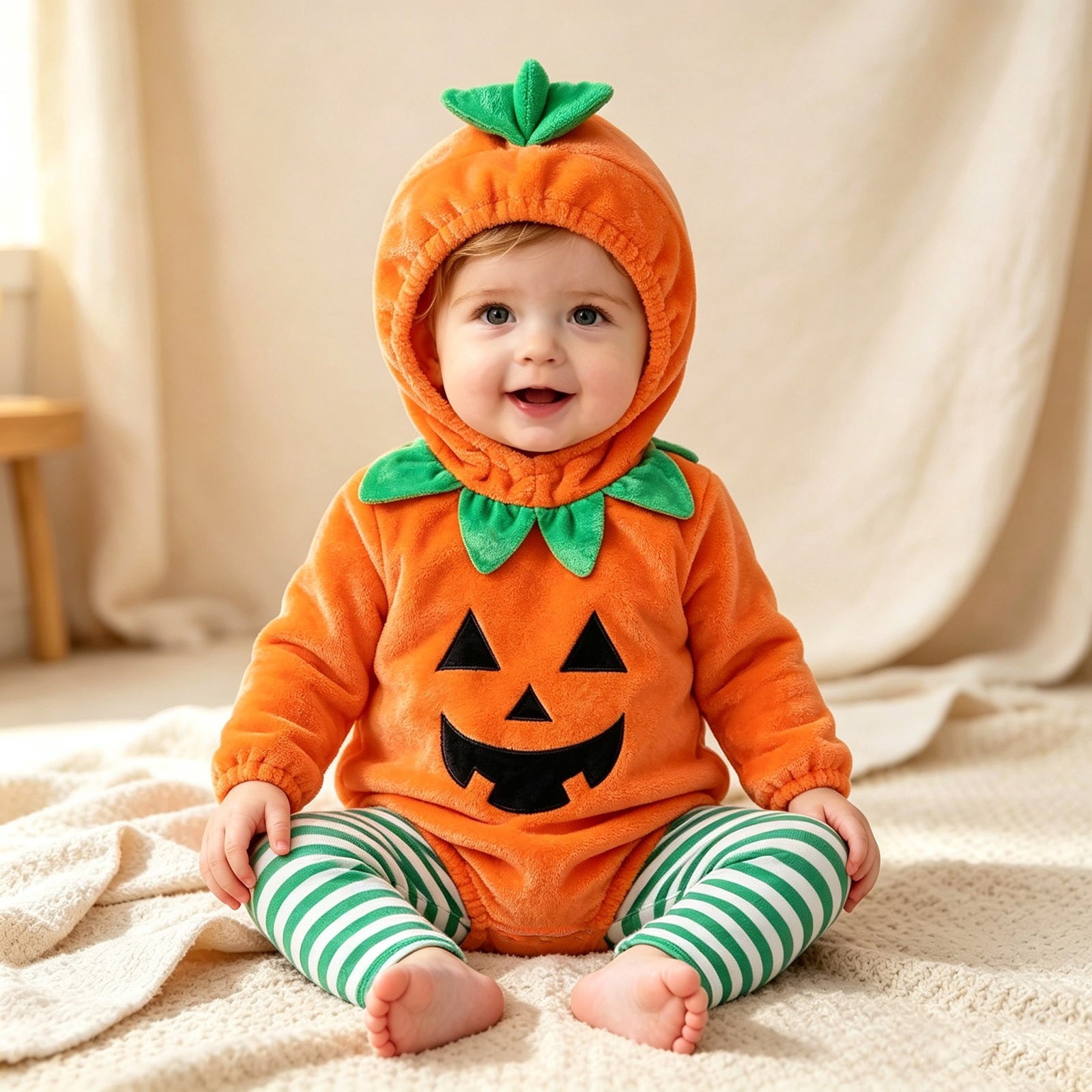 CUZIBR Girls Halloween Outfits Pumpkin Hooded Romper Striped Long Pants 2 Pieces Holiday Costume Set For Newborn Toddler Baby,Red,1-3 Months