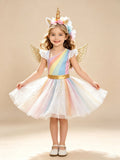 CZKHPTY Girls Rainbow Unicorn Tutu Costume Set with Headband & Wings, Kids Princess Dress Up Outfit, Sizes 9-10Y