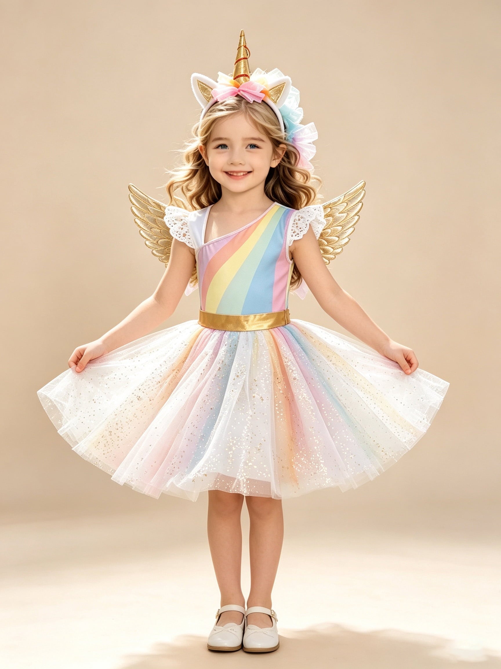 CZKHPTY Girls Rainbow Unicorn Tutu Costume Set with Headband & Wings, Kids Princess Dress Up Outfit, Sizes 9-10Y