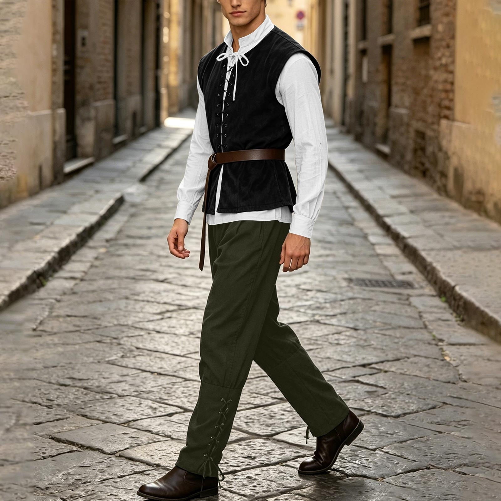 Ceisia Medieval Renaissance Outfit For Men Lace Up Waistcoat Long Sleeve Shirt Lace Trousers With Matching Belt Halloween Pirate Halloween Gift
