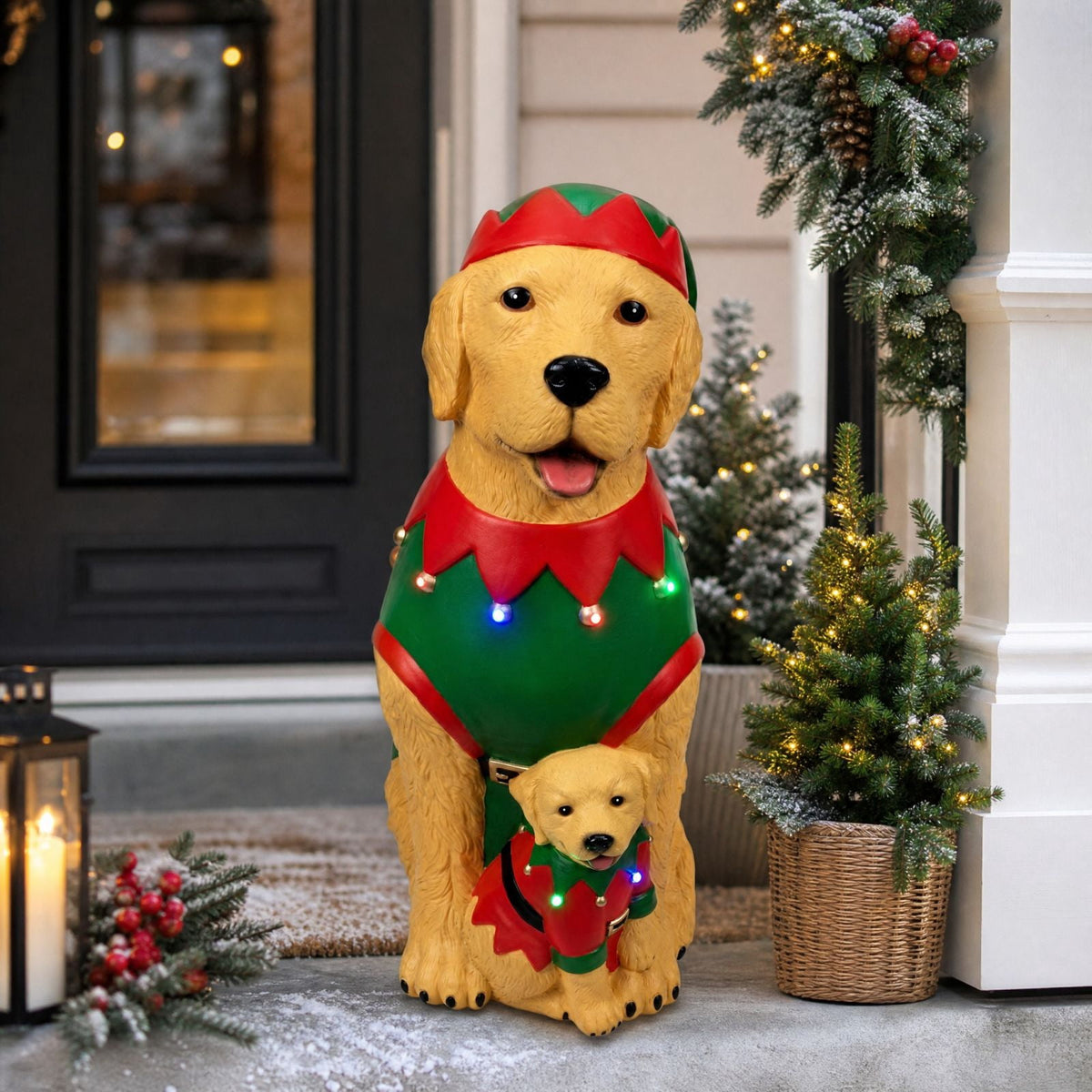 Clearance! Christmas Golden Retriever Statue with LED Lights, Cute Dog Holding Puppy Figurine, Christmas Decoration Indoor Outdoor, Gift for Kiddo Adults
