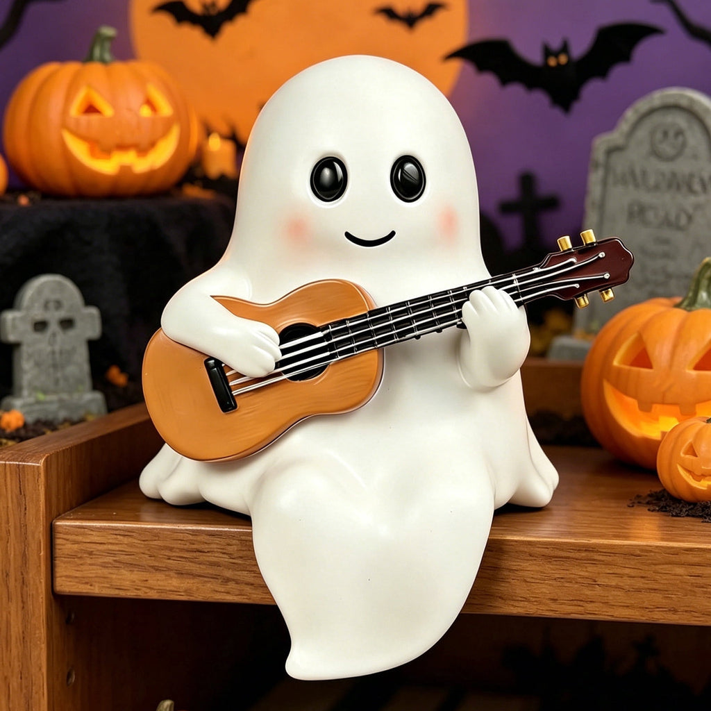 Clearance Ghost Night Light with Guitar USB Powered LED Lamp, Warm White Glow, Resin, Cute Kawaii Figurine, Bedroom Nightlight Gifts