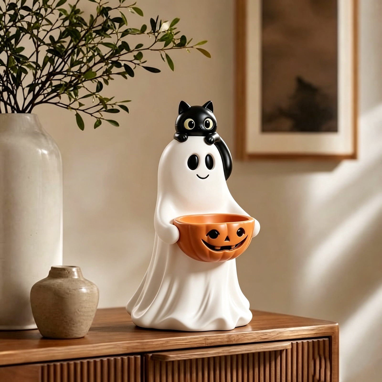 Clearance Halloween Ghost Resin Figurine with Black Cat & Pumpkin Candy Bowl 10“- Cute Spooky Tabletop Decor for Home Mantel, Shelf, and Indoor Fall Display