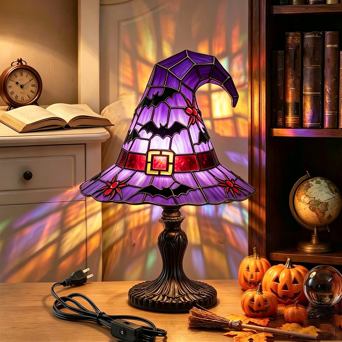 Clearance Halloween Table Lamp Decorations, Witch Hat Lamp Gifts - Handcrafted Retro Resin Witch Lamp, USB Powered Gothic Wizard Hats Night Light, Home Decor Accent Lamps for Bedroom
