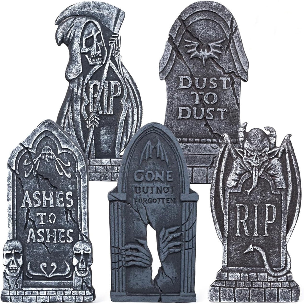 Coolmade 17 Inch Halloween Tombstones, 5 Pack Foam Yard Decor with Stakes, Gray Outdoor Graveyard Headstones