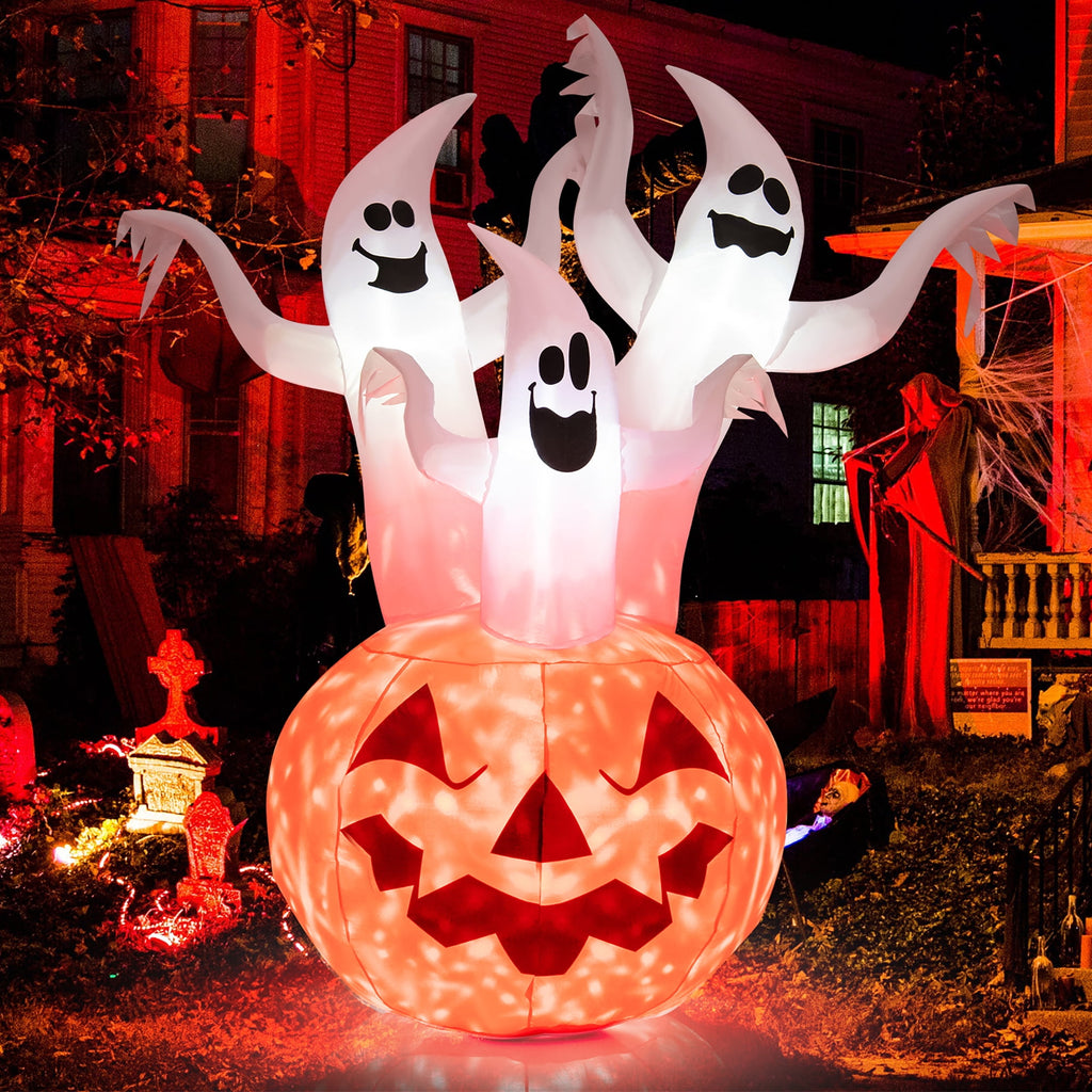 Costway 6 FT Inflatable Halloween Tree White Ghosts with Pumpkin Decor w/ Rotating Lamp