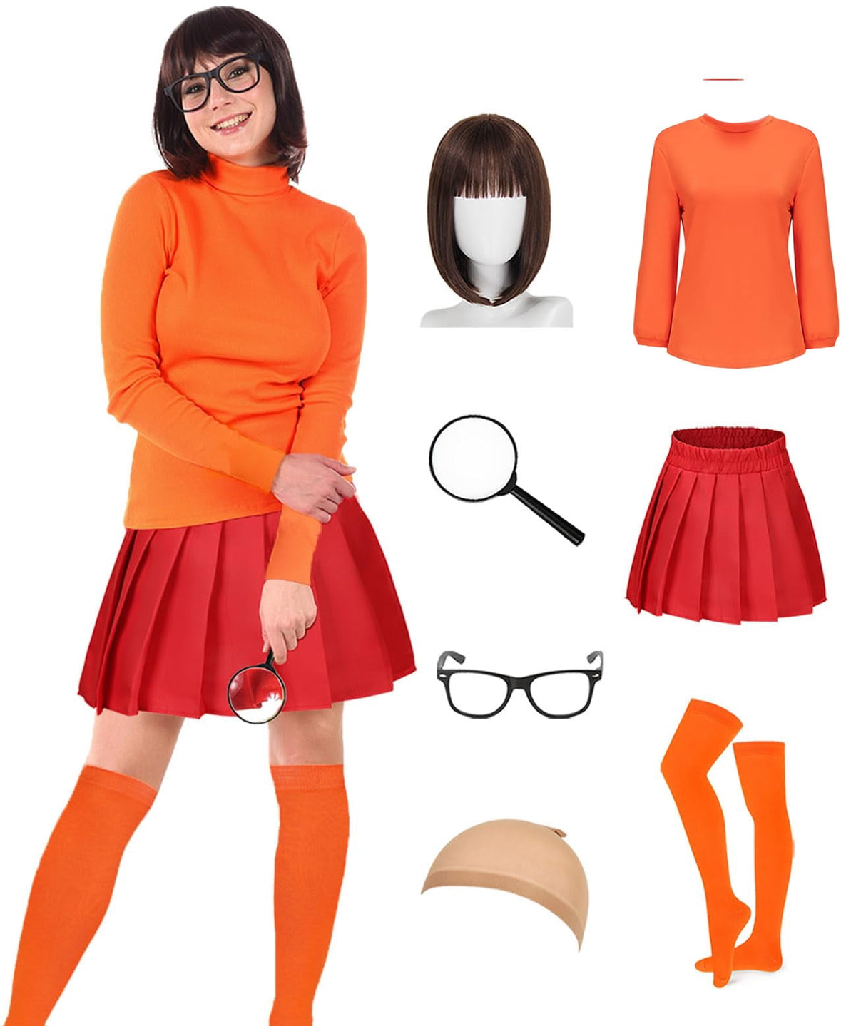 Couples Halloween Costumes for Women Velma Cosplay Outfit Orange Velma Costume with Mini Skater Skirt