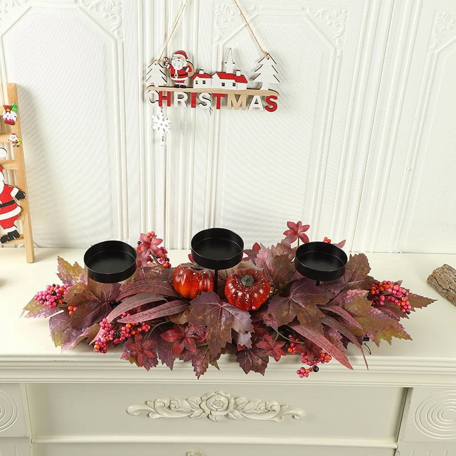 DAMAI Fall Centerpiece Table Decorations, 23.6'' L Assorted Artificial Pumpkins,Berries, Maple Leaves with 3 Candle Holders,Autumn Table Centerpiece for Harvest Party Thanksgiving Halloween