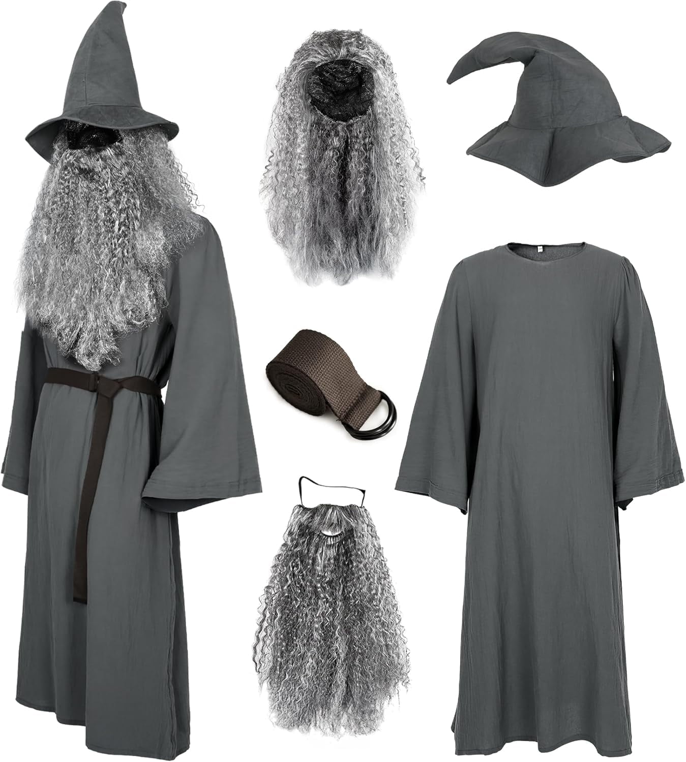 Deluxe 5 Pcs Wizard Costume for Adults Grey Wizard Robe with Wizards Hat, Belt, Wig & Beard Halloween Costumes For Men