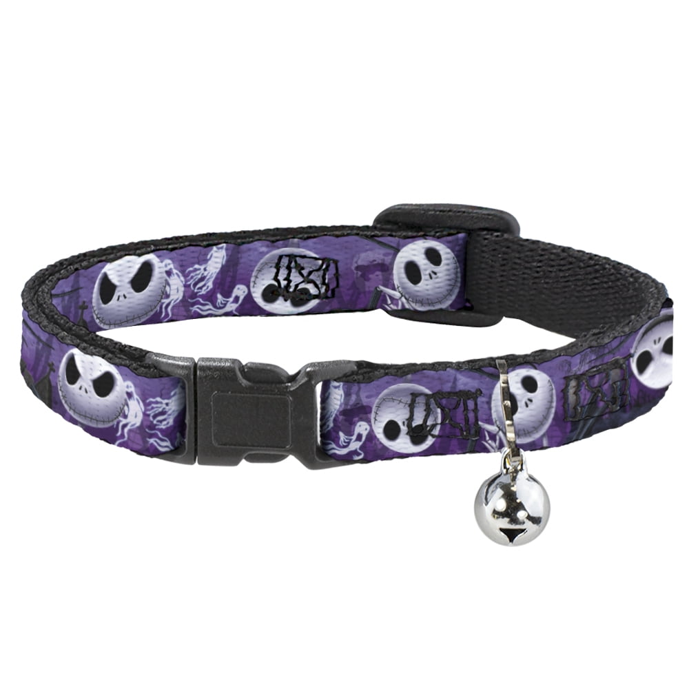 Disney Breakaway Cat Collar With Bell, Plastic Clip, Easy Adjustable, Jack Expressions Ghosts In Cemetery Purples Grays White, 8.5 to 12 Inches 0.5 Inch Wide