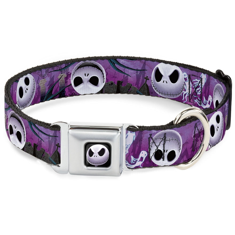 Disney Pet Collar, Dog Collar Metal Seatbelt Buckle, Jack Expressions Ghosts In Cemetery Purples Grays White, 11 to 16.5 Inches 1.0 Inch Wide