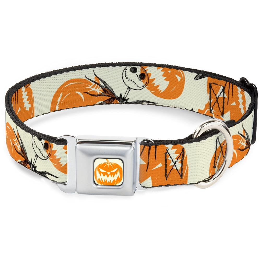 Disney Pet Collar, Dog Collar Metal Seatbelt Buckle, The Nightmare Before Christmas Jack Pose and Pumpkins Collage, 9.5 to 13 Inches 1.0 Inch Wide