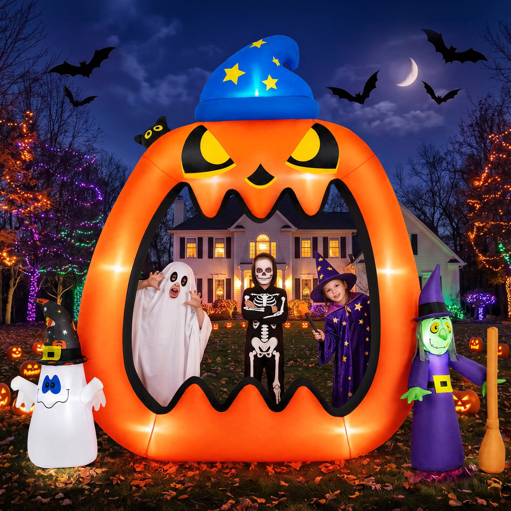Firstness 8.2ft Halloween Inflatable Pumpkins Photo Door with Ghost Witch Yard Party Outdoor Decorations with LED Lights