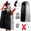 Forfamy De-Ville Costume Women,Black White Coat with Wigs Gloves Necklace, Womens Halloween Costumes
