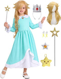 G*irls Halloween Princess Dress with Accessories, Blue Princess Dress with Wig Wand Crown Earrings and Star Earrings