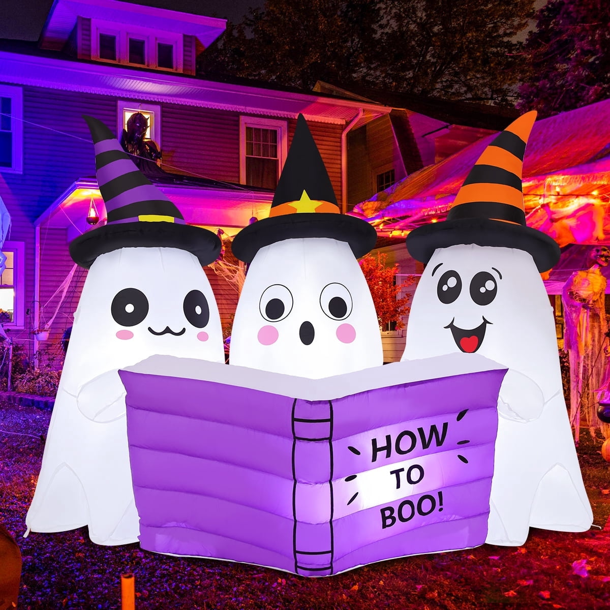GOOSH Halloween Inflatables 5.2 FT Long Inflatable Ghosts Reading Book with Built-in LED Lights, Cute Ghost Inflatable Blow up Ghost Wearing Witch Hat, Outdoor Halloween Decorations for Holiday Party