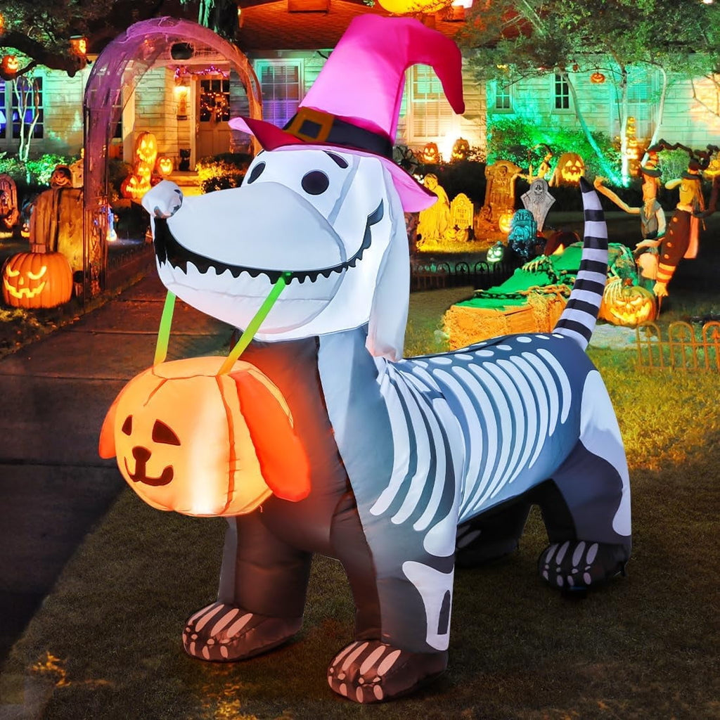 GOOSH Halloween Inflatables 5.7 FT Halloween Skeleton Dog Inflatable, Halloween Skeleton Puppy Inflatable with Build-in LEDs, Outdoor Halloween Decorations Clearance for Halloween Holiday Party