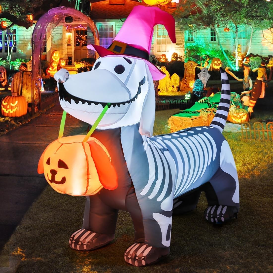 GOOSH Halloween Inflatables 5.7 FT Halloween Skeleton Dog Inflatable, Halloween Skeleton Puppy Inflatable with Build-in LEDs, Outdoor Halloween Decorations Clearance for Halloween Holiday Party