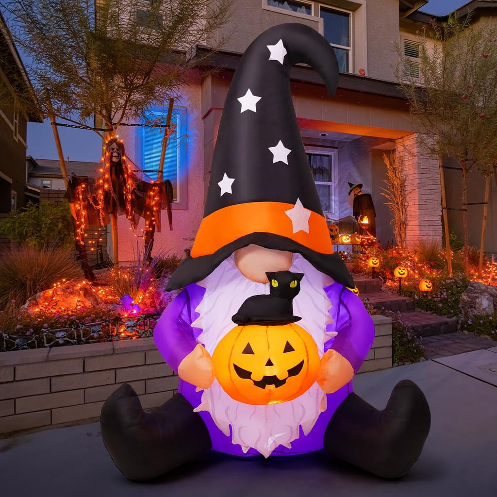 GOOSH Halloween Inflatables 5 FT Tall Inflatable Gnome Holding Pumpkin Black Cat with LEDs, Halloween Gnome Inflatables Blow up Gnome, Outdoor Halloween Decorations for Halloween Holiday Party