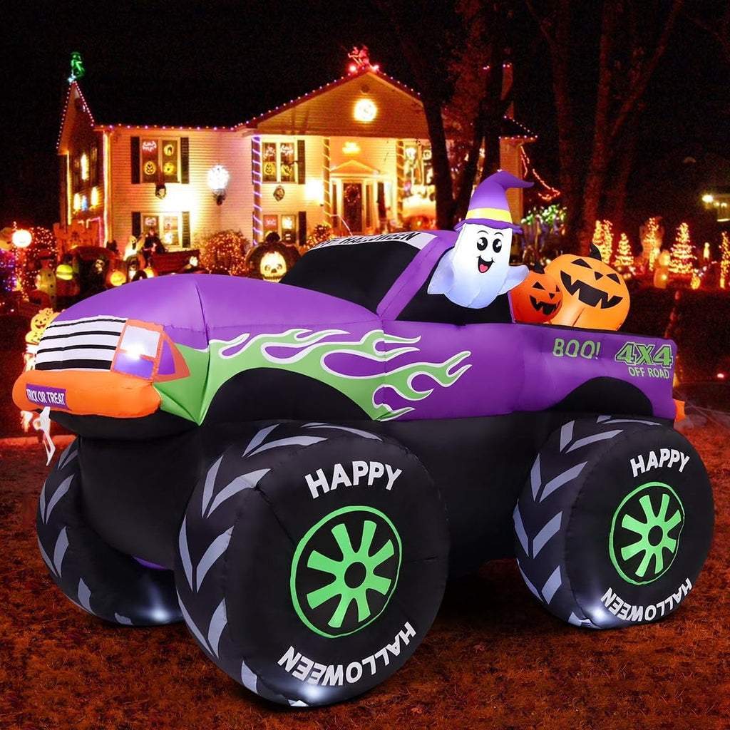 GOOSH Halloween Inflatables 8 FT Inflatable Monster Truck with Built-in LEDs, Halloween Inflatable Truck with Blow Up Ghost Pumpkin, Outdoor Halloween Decorations for Holiday Party Indoor Outdoor