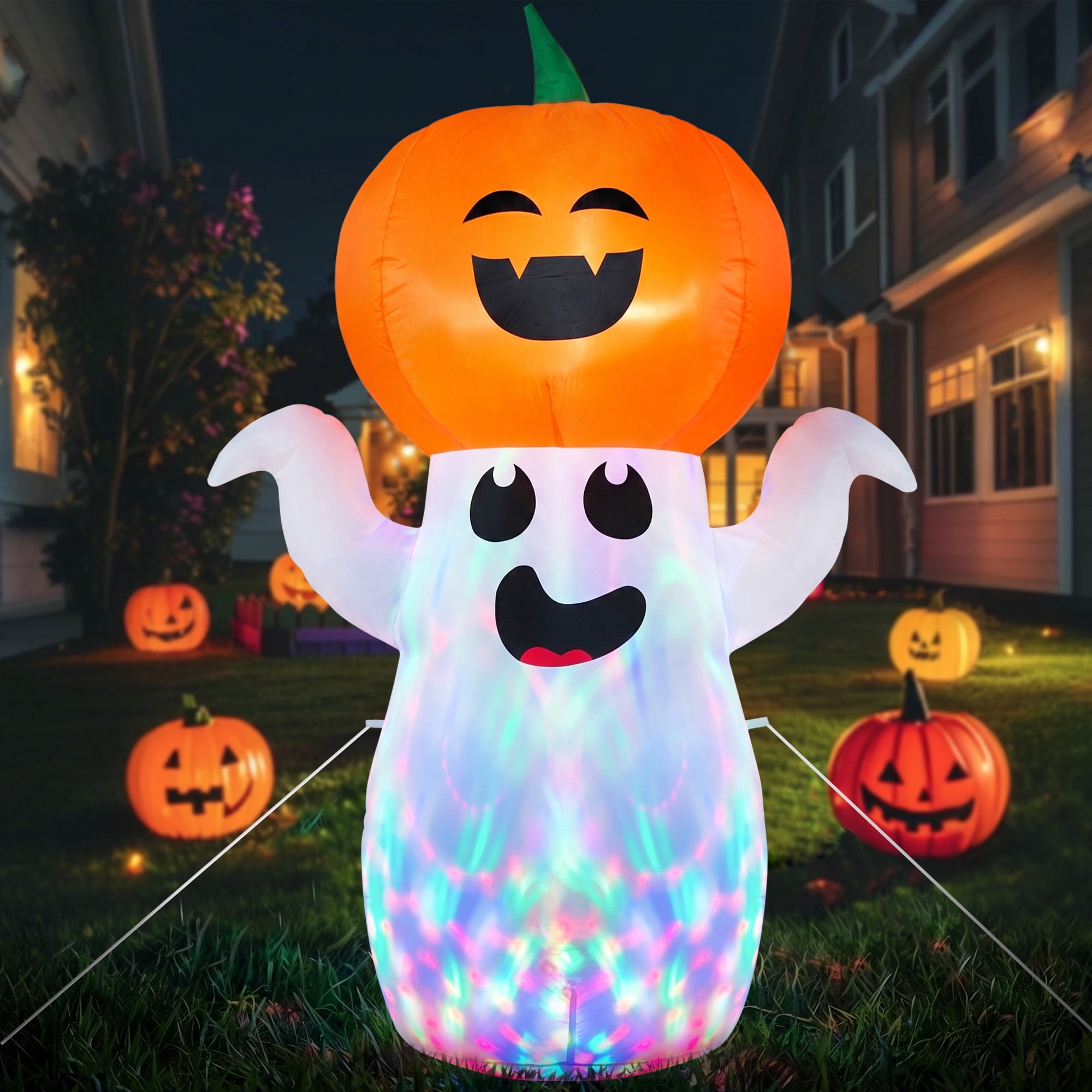 GVDV 5Ft Halloween Inflatable Pumpkin Ghost with 360° Rotating Colorful LED Lights, Cute Indoor/Outdoor Decor for Party, Yard, Lawn