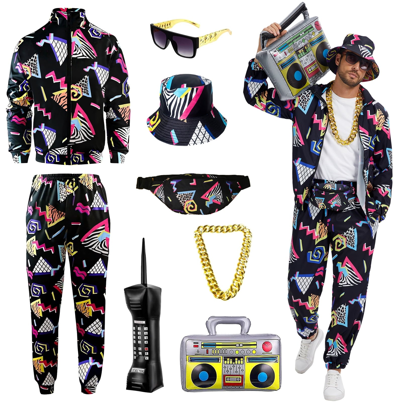 GYQMBT 80s 90s Men's Sportswear, Party Hip Hop Windbreaker 90s Disco Sportswear, 80s Adult Bizarre Costume 8 Piece Set, Black, M