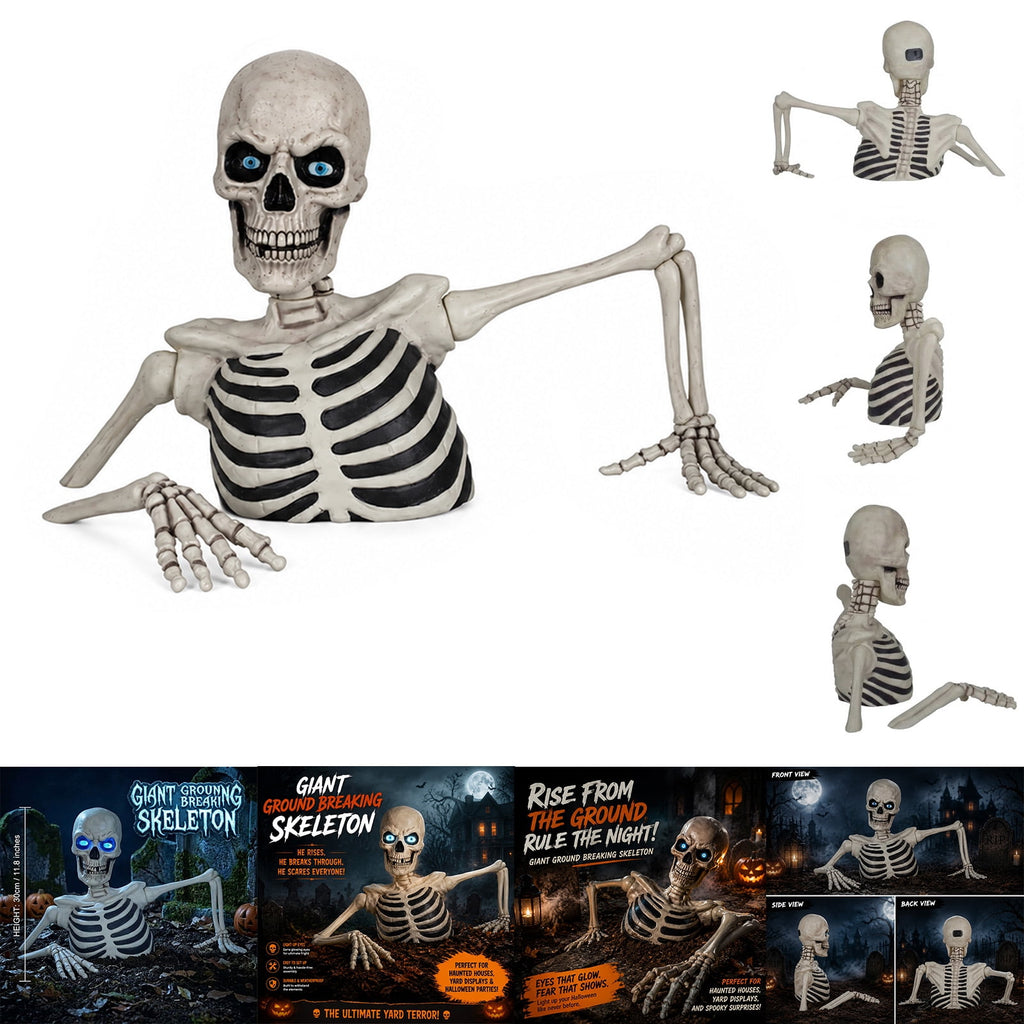 Giant Ground Breaking Half Skeleton Halloween Prop,11.8 Inch Animated Ghost Skeleton Decor with Sound Activated LCD Glowing Eyes,Outdoor Graveyard Haunted Yard Spooky Party Decoration