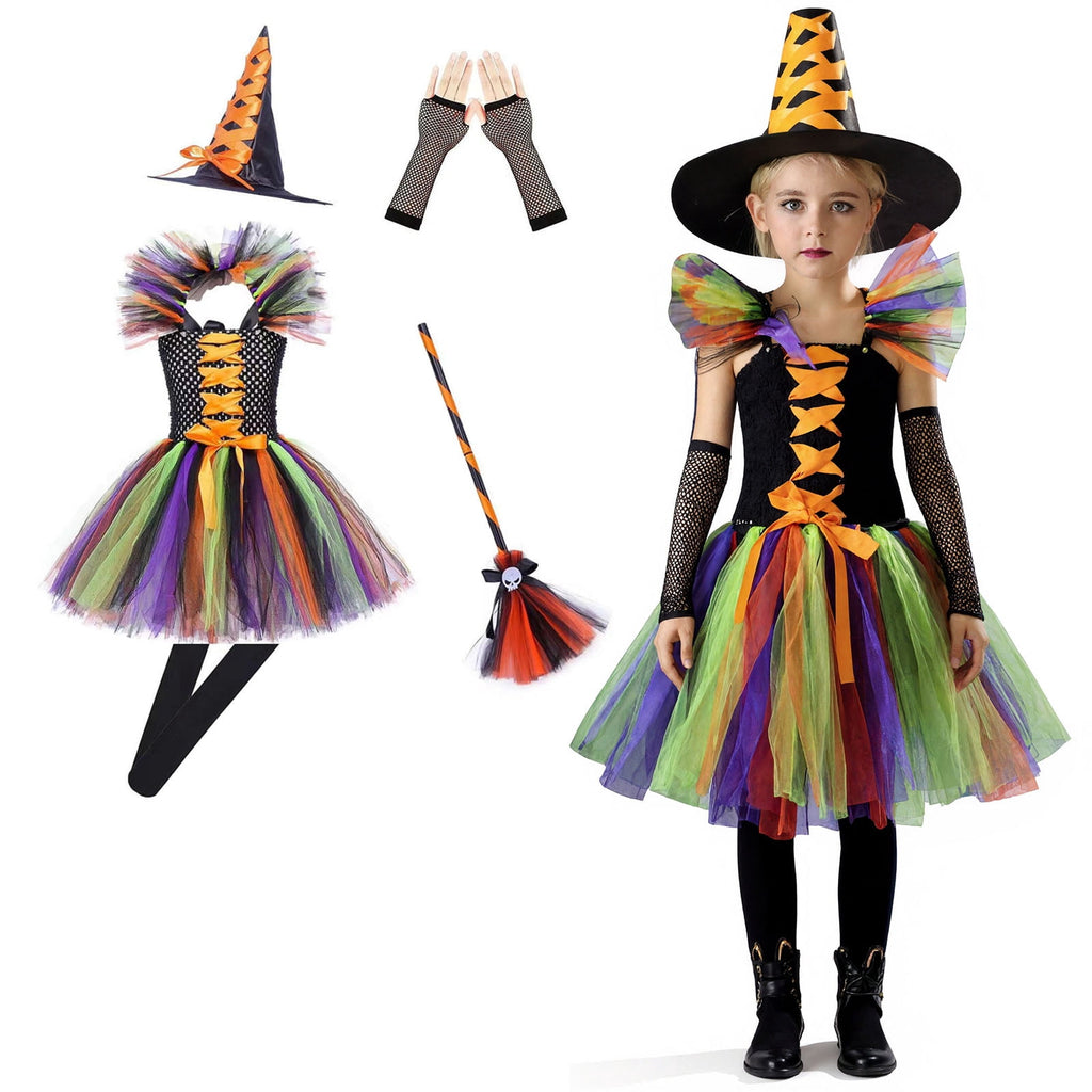 Girl Witch Outfit Tutu Mesh Dress Black Lace Cloak Halloween Outfits Kids 7-8 Years Halloween Outfit Dress Up