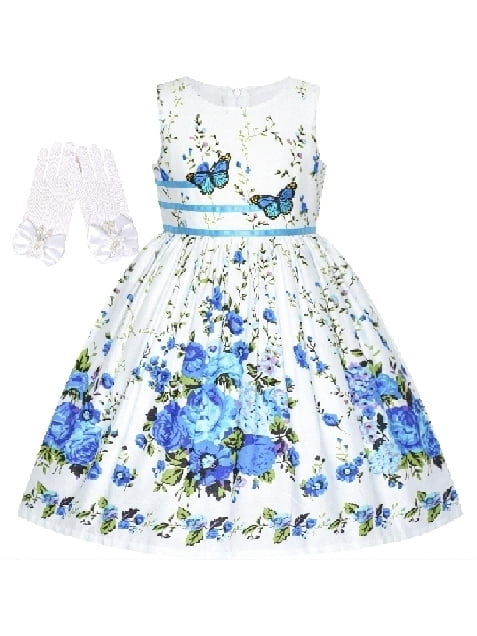 Sunny Fashion Girls Dress Sleeveless Rose Floral Butterfly Garden Party Sundress Cotton Blue 9-10 Years