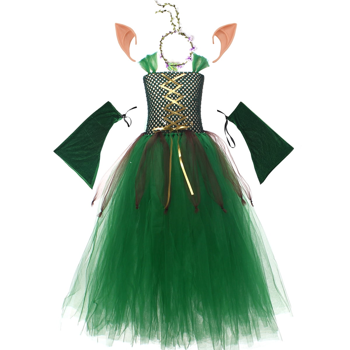 Girls Halloween Forest Elf Fairy Costume Green Sleeveless Tulle Tutu Dress+ Arm Sleeves+ Elf Ears+ Garland