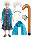 Girls Old Lady Costume, 100th Day of School 6 Pcs Dress Wig Accessories for Kids Granny Cosplay Blue 8-10Y