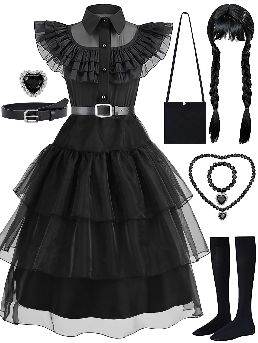 Girls Halloween Costume Fancy Dress with Wig Black for Kids Carnival Party 7-8 Years